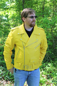 Otter and Fox Leather Biker Jackets in Yellow - front view