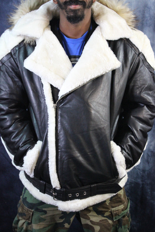 Black Leather and White Fur Jacket by Otter and The Fox - view 2