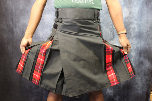 Hybrid Kilt - Black with Fraiser Red Tartan Pleats - view 2