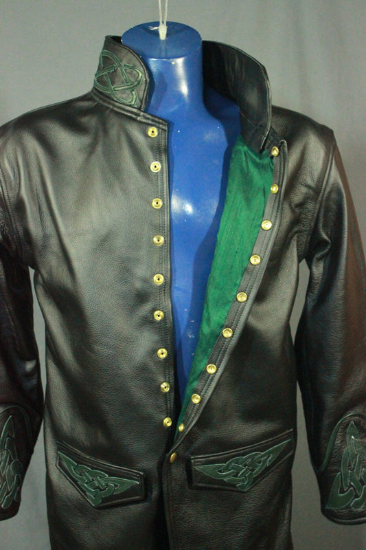 Leather dress coat with celtic highlights in forrest green. - view 2