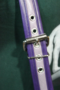 Our Hand Made lavender snake and purple leather suspenders - front view