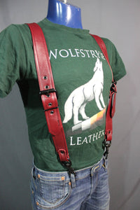 Handmade Burgundy Leather Suspenders,Black Hardware, Custom Fit! - front view