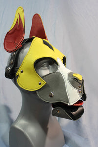 Our "Fire Box" Boxer style Pup hood in red and yellow - front view