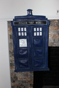 Leather Tardis Stocking - HUGE, Handmade! - front view