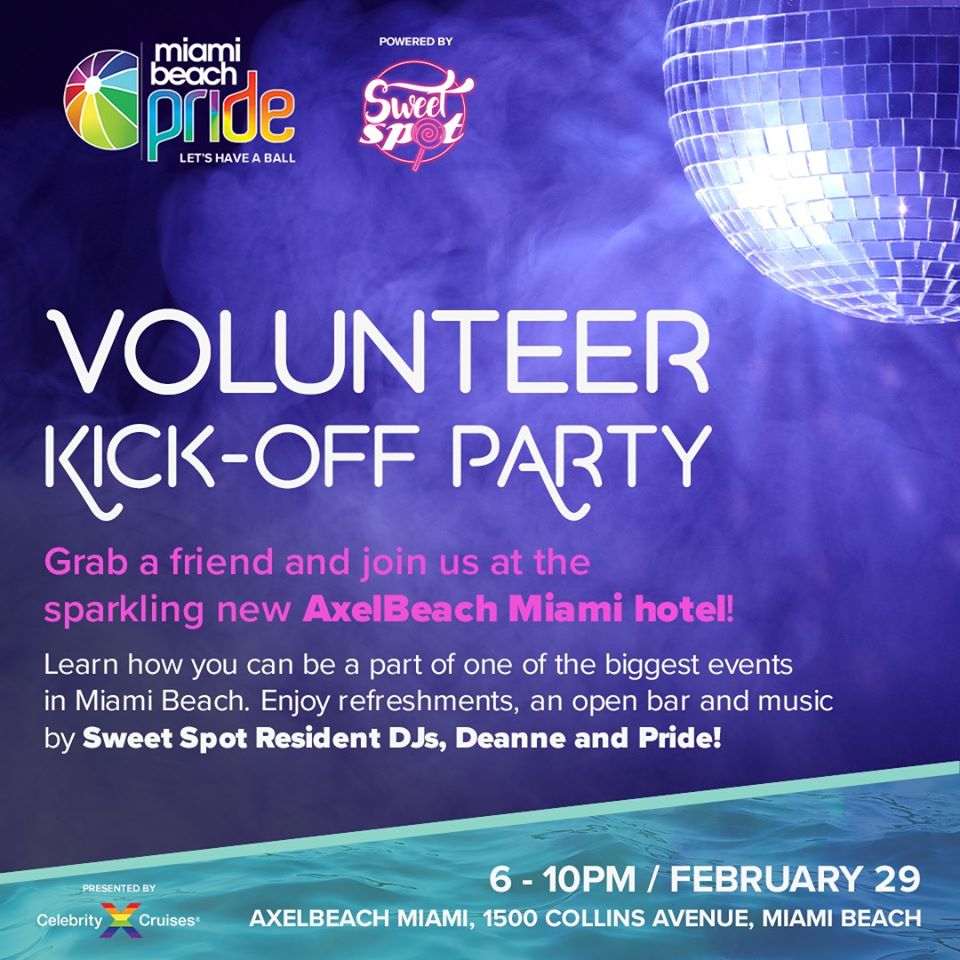 You are invited, MIAMI BEACH PRIDE Volunteer Kick-off Party this saturday (Feb 29)
