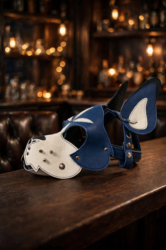 Blue and White Boxer Hood with Studded Whiskers