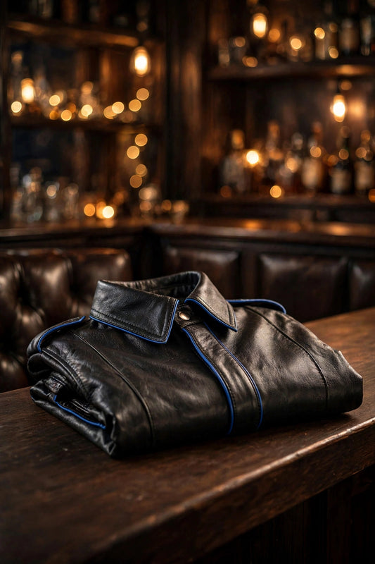 Black Leather Shirt with Blue Piping