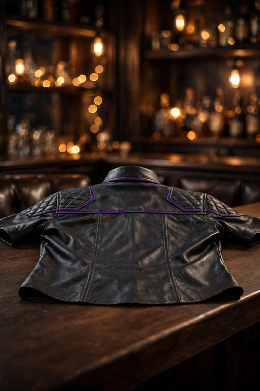 Quilted Black Leather Shirt with Purple Piping