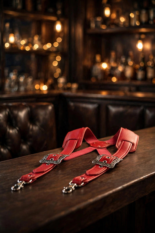 Padded Leather Suspenders with Decorative Hardware