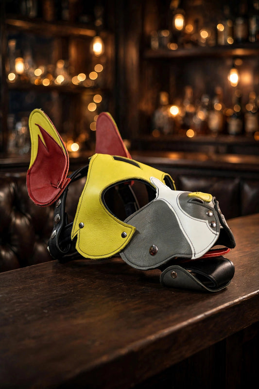 Our "Fire Box" Boxer style Pup hood in red and yellow