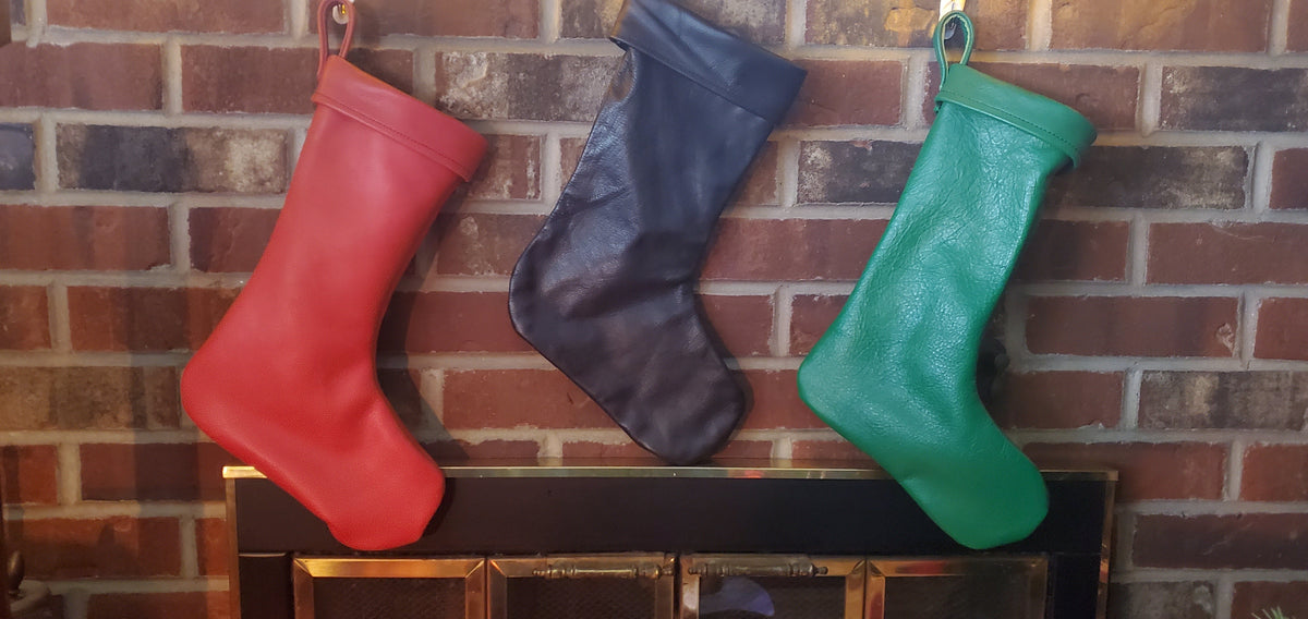 Leather Christmas Stockings - 100% Hand Made in the USA. Monogramming available. - front view
