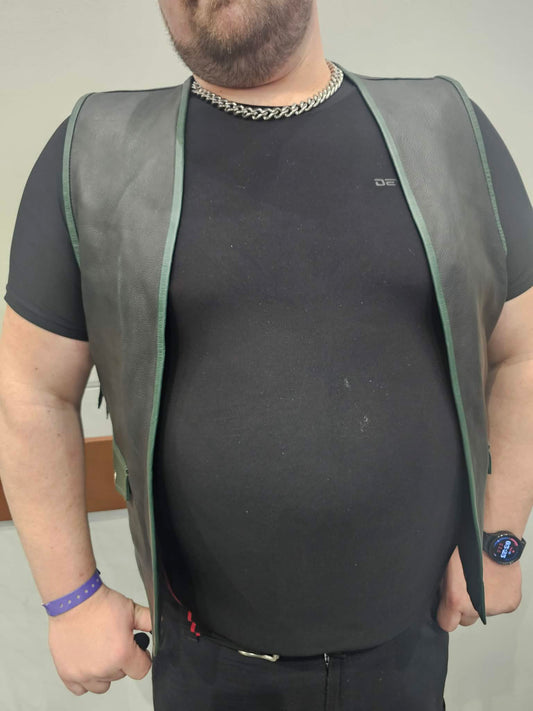 OnF Leather Bar Vest - Black with Hunter Green Highlights - front view