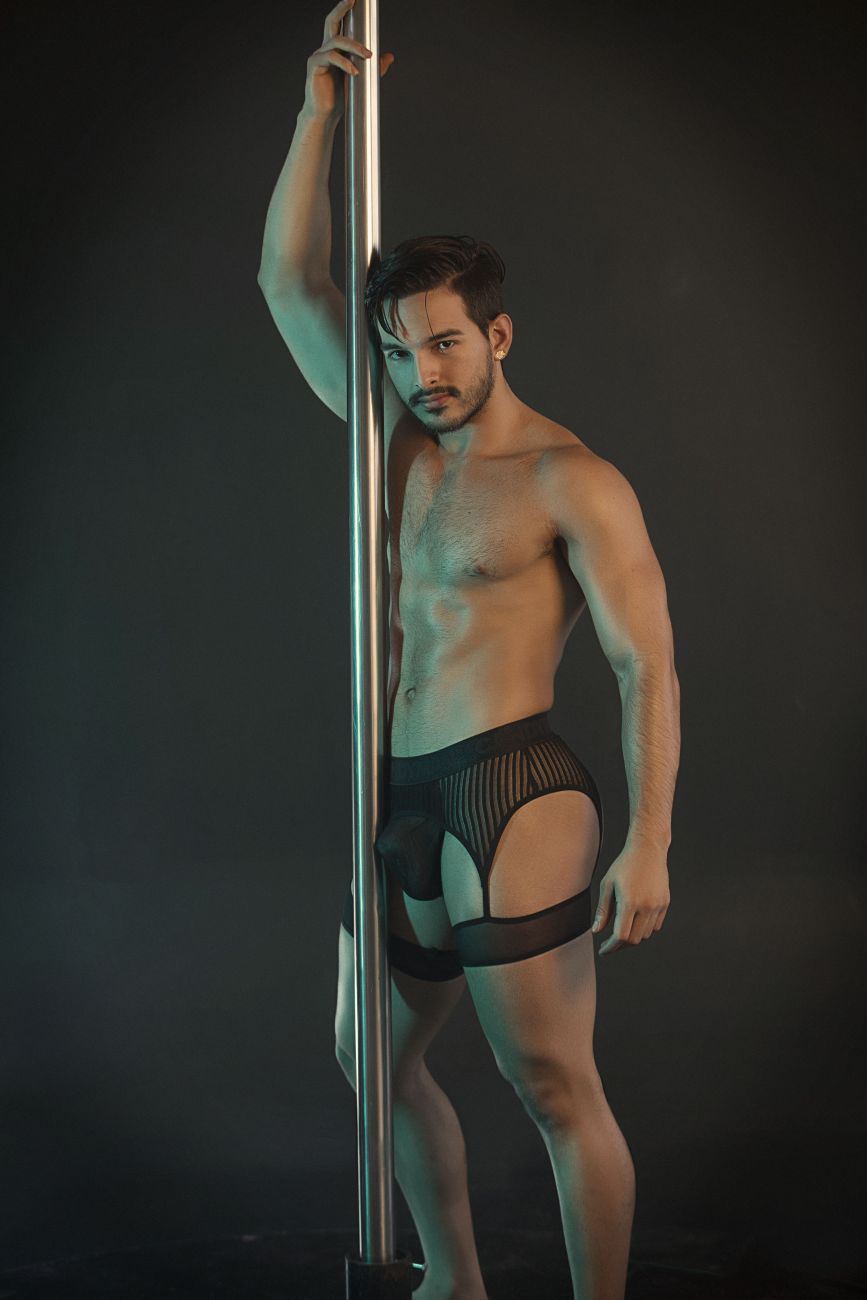 CandyMan 99403 Men's Underwear Gaterbelt Thongs Color Black Mesh