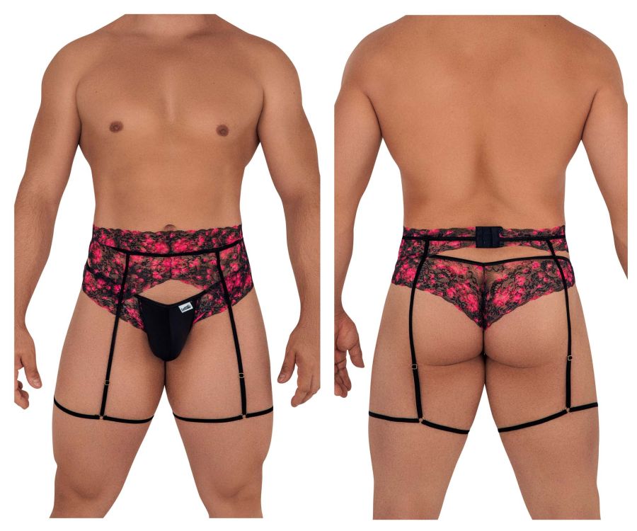 CandyMan Men's Underwear 99576X Lace Garter Thongs Color Black Print