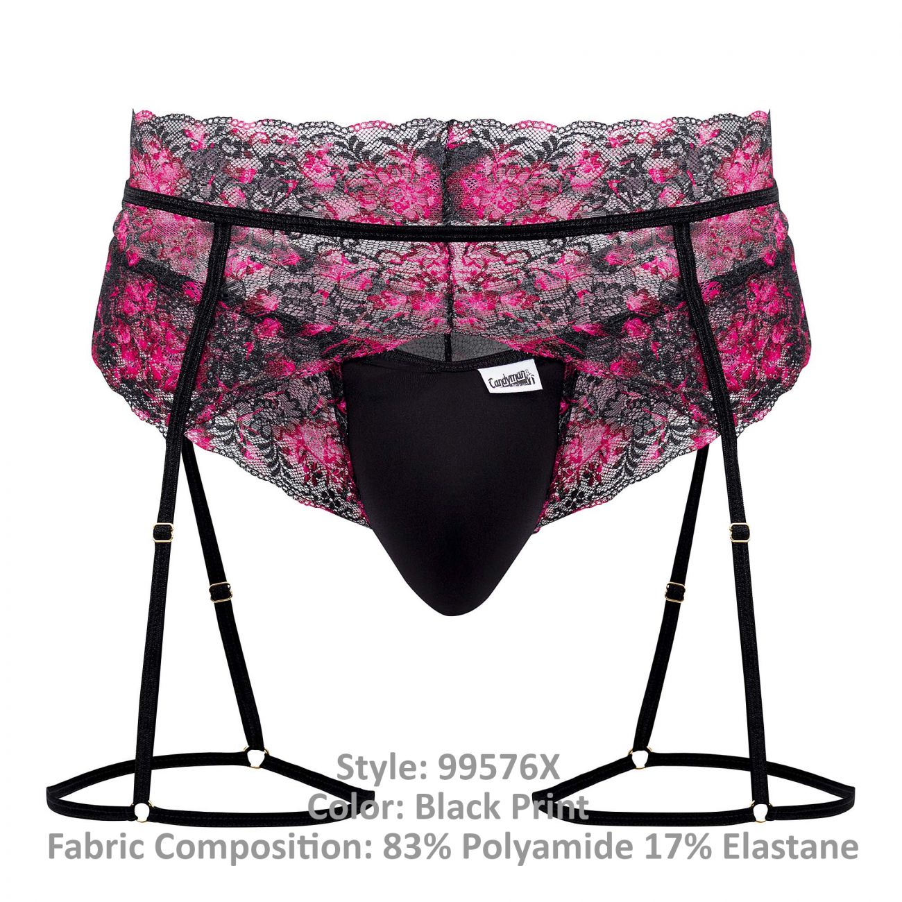 CandyMan Men's Underwear 99576X Lace Garter Thongs Color Black Print