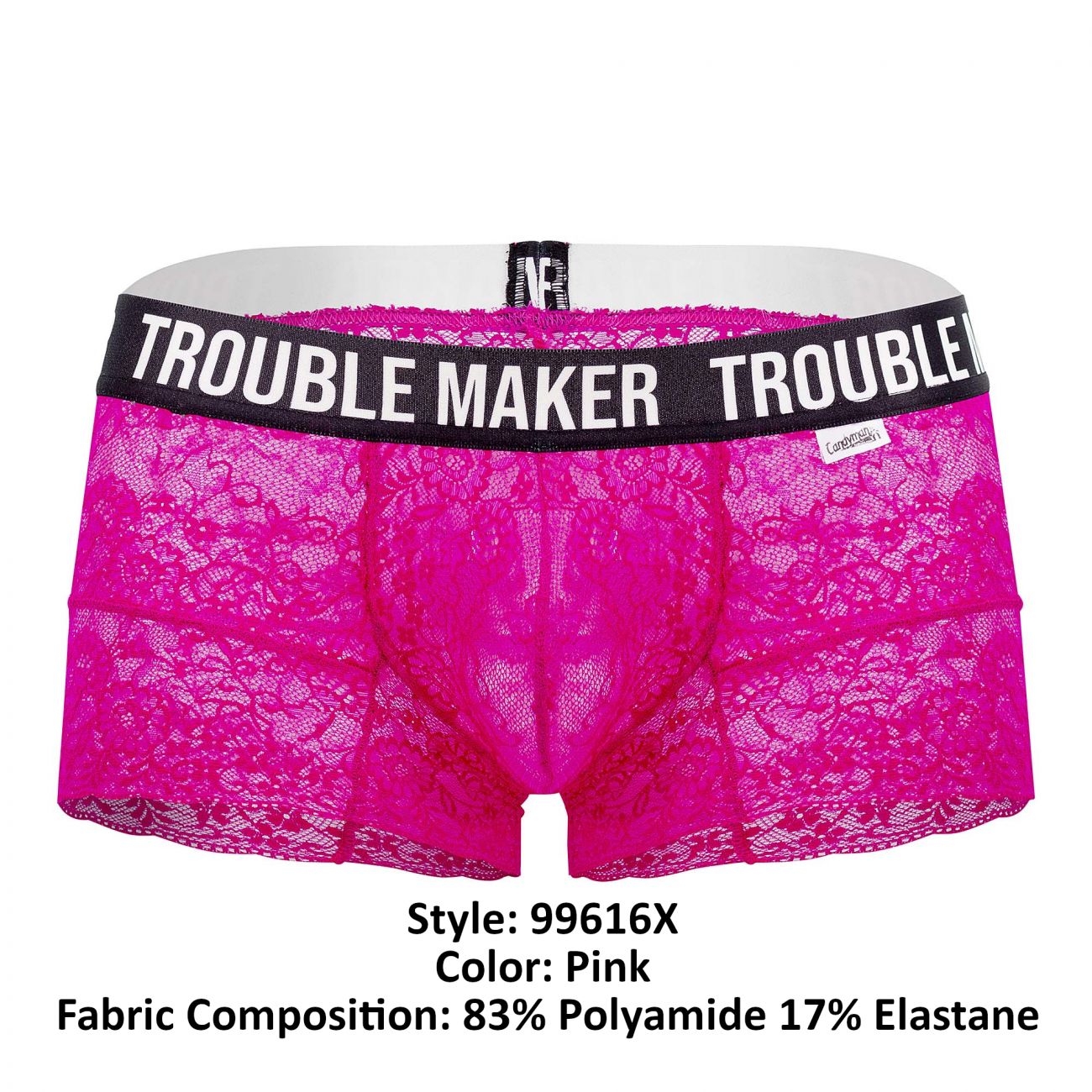 CandyMan Men's Underwear 99616X Trouble Maker Lace Trunks Color Pink