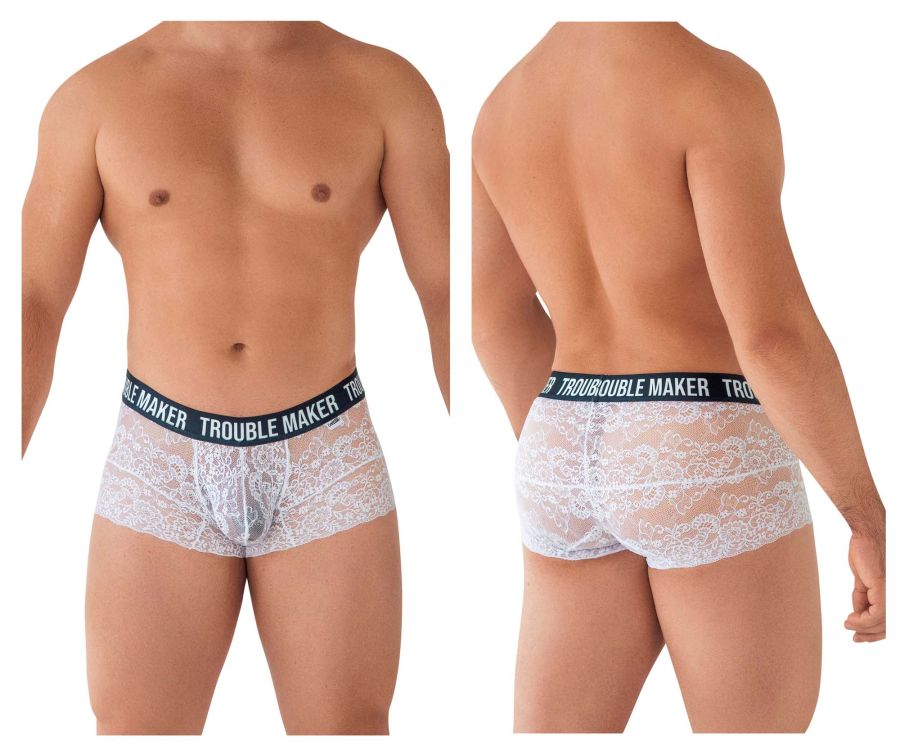 CandyMan Men's Underwear 99616X Trouble Maker Lace Trunks Color White