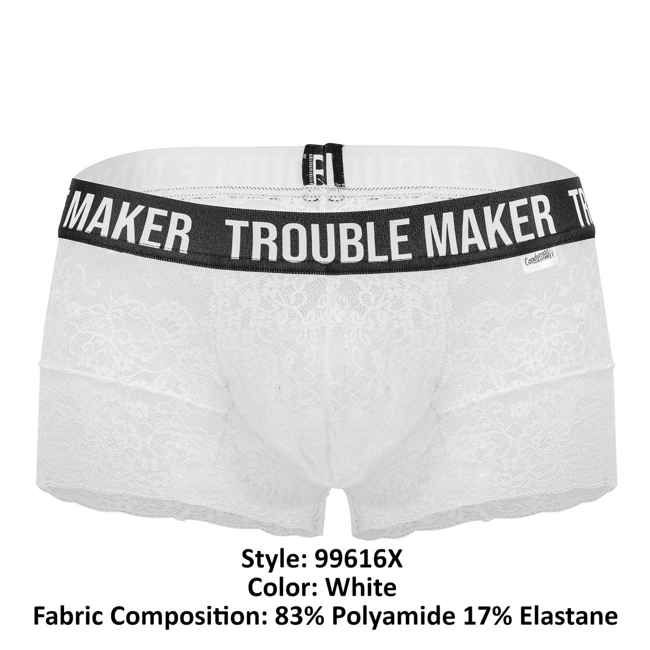 CandyMan Men's Underwear 99616X Trouble Maker Lace Trunks Color White