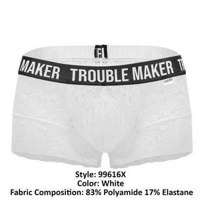 CandyMan Men's Underwear 99616X Trouble Maker Lace Trunks Color White