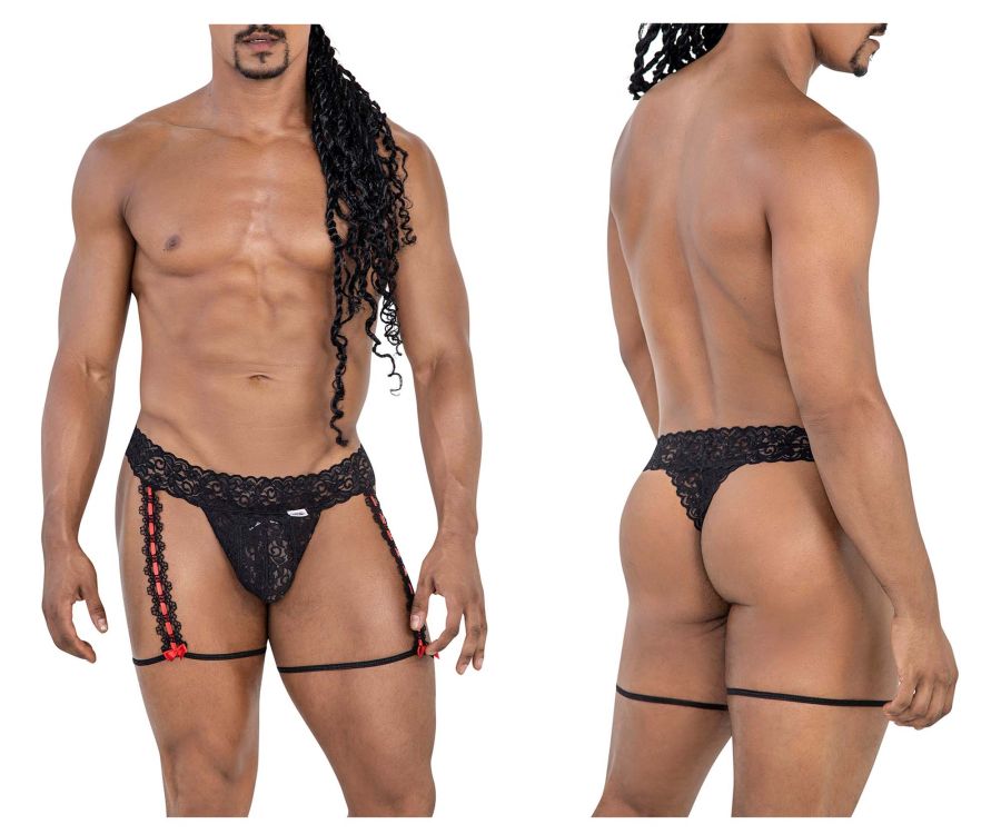 CandyMan Men's Underwear 99803 Lace Garter Thongs Color Black