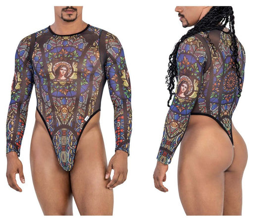 CandyMan Men's Underwear 99814 Stained Glass Bodysuit Color Black-Print