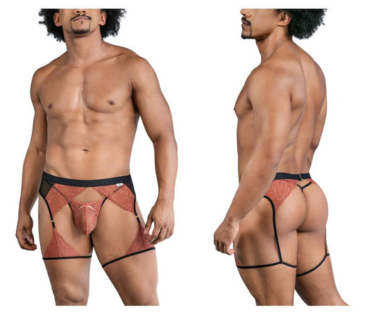 CandyMan Men's Underwear 99854 Lace-Garter Outfit Color Black-Terracotta