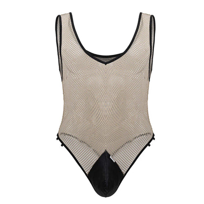 CandyMan Men's Underwear 99858 Fishnet Bodysuit Color Beige-Black