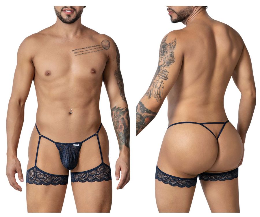 CandyMan Men's Underwear 99906 Garter Lace Thongs Color Navy