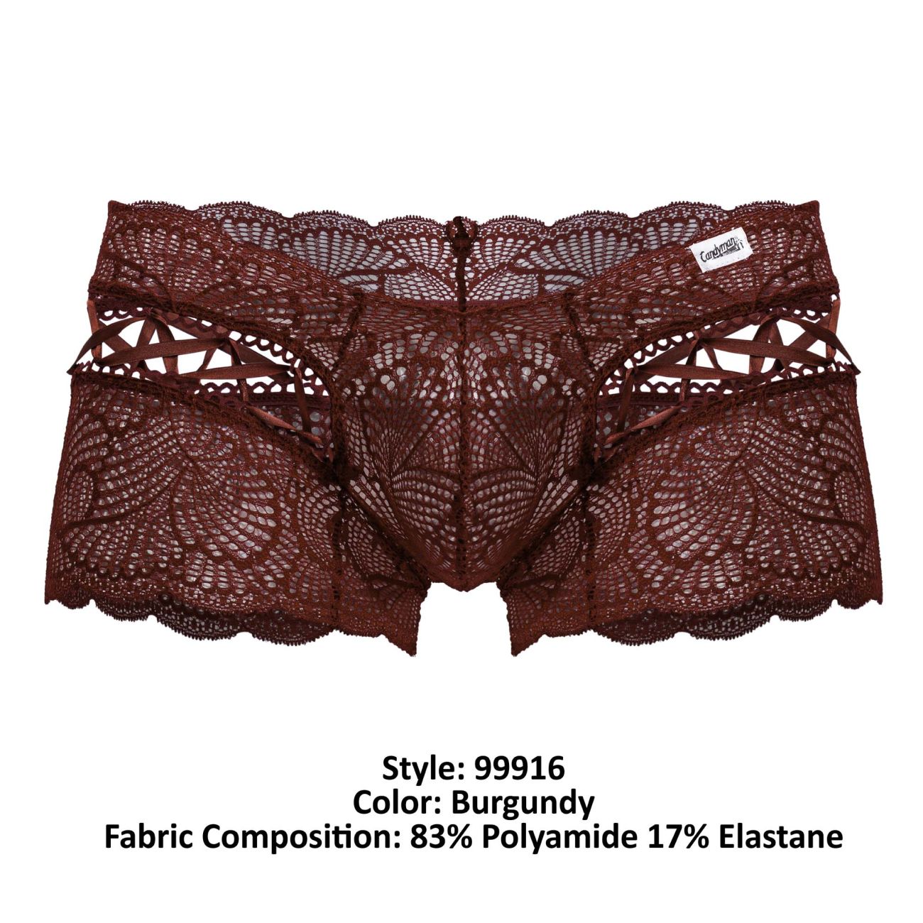 CandyMan Men's Underwear 99916 Lace Trunks Color Burgundy