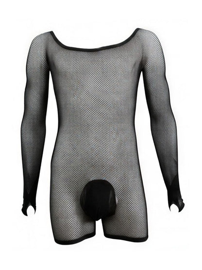 CandyMan 99955 Men's Underwear Patterned Fishnet Long Sleeve Bodysuit Color Black