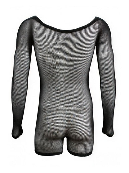 CandyMan 99955 Men's Underwear Patterned Fishnet Long Sleeve Bodysuit Color Black