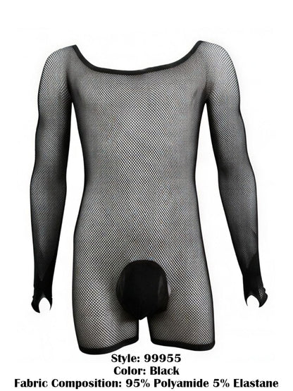 CandyMan 99955 Men's Underwear Patterned Fishnet Long Sleeve Bodysuit Color Black
