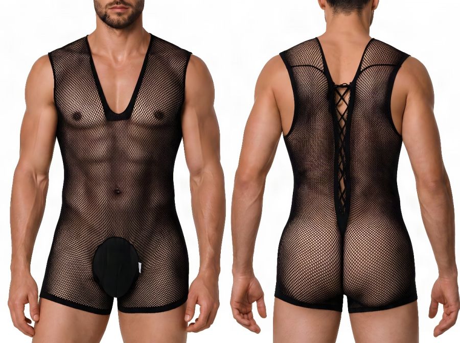 CandyMan 99956 Men's Underwear Sheer Textured Mesh Lace-Up Bodysuit Color Black