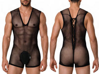 Textured Lace-Up Black Sheer Mesh Bodysuit - view 1