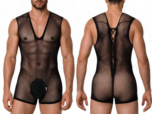 CandyMan 99956 Men's Underwear Sheer Textured Mesh Lace-Up Bodysuit Color Black