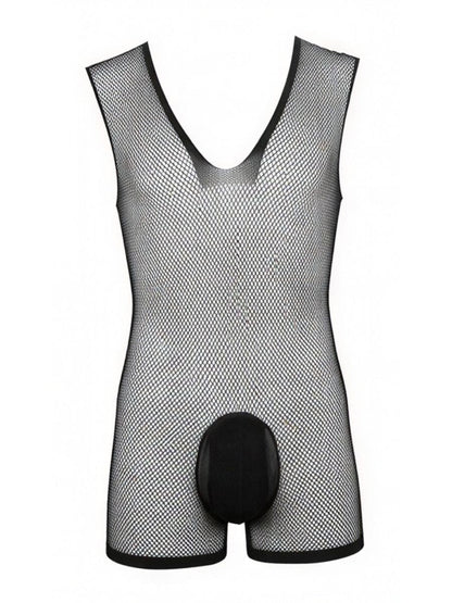 CandyMan 99956 Men's Underwear Sheer Textured Mesh Lace-Up Bodysuit Color Black