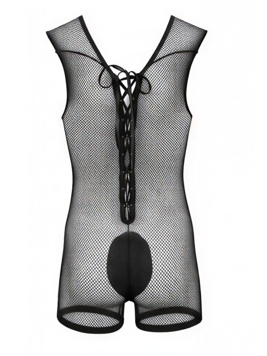 CandyMan 99956 Men's Underwear Sheer Textured Mesh Lace-Up Bodysuit Color Black