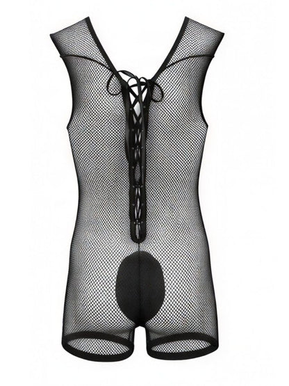 CandyMan 99956 Men's Underwear Sheer Textured Mesh Lace-Up Bodysuit Color Black