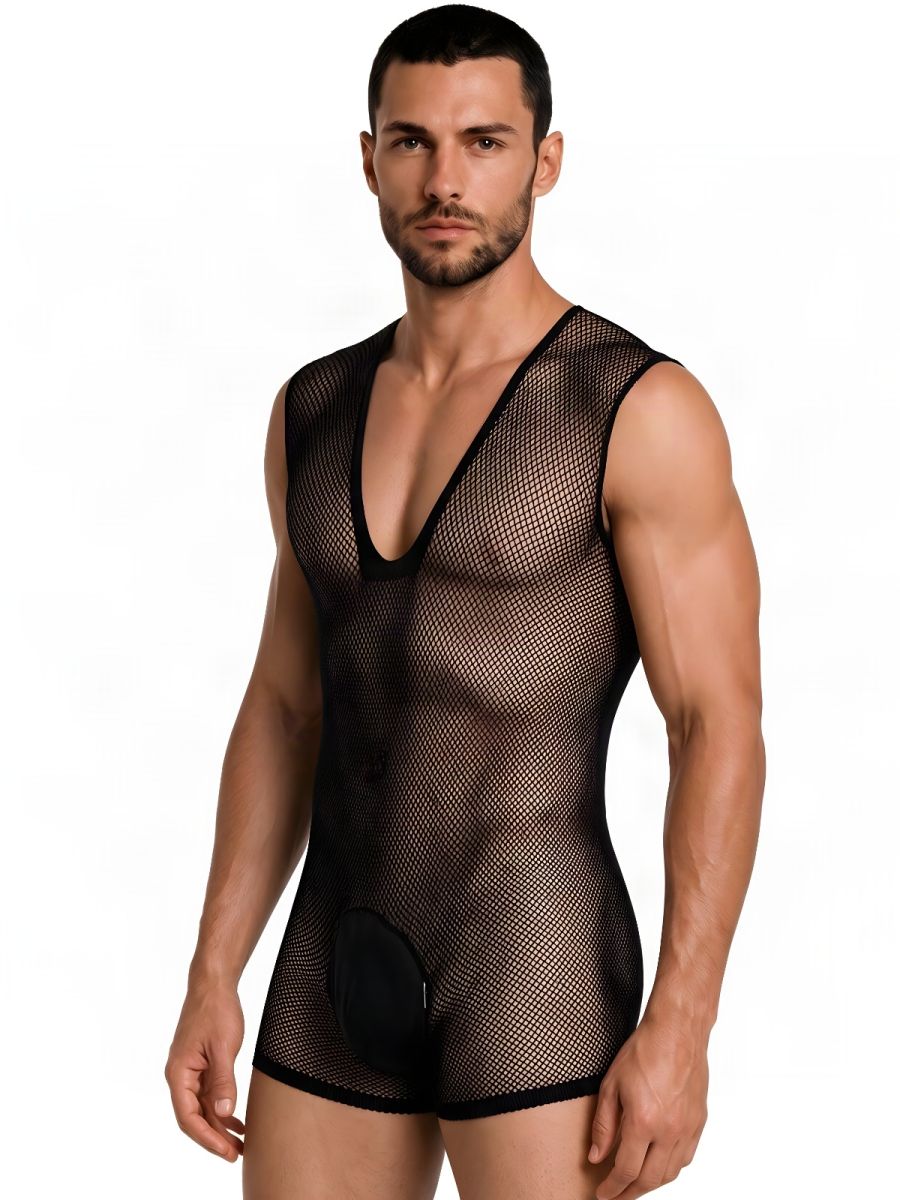 CandyMan 99956 Men's Underwear Sheer Textured Mesh Lace-Up Bodysuit Color Black