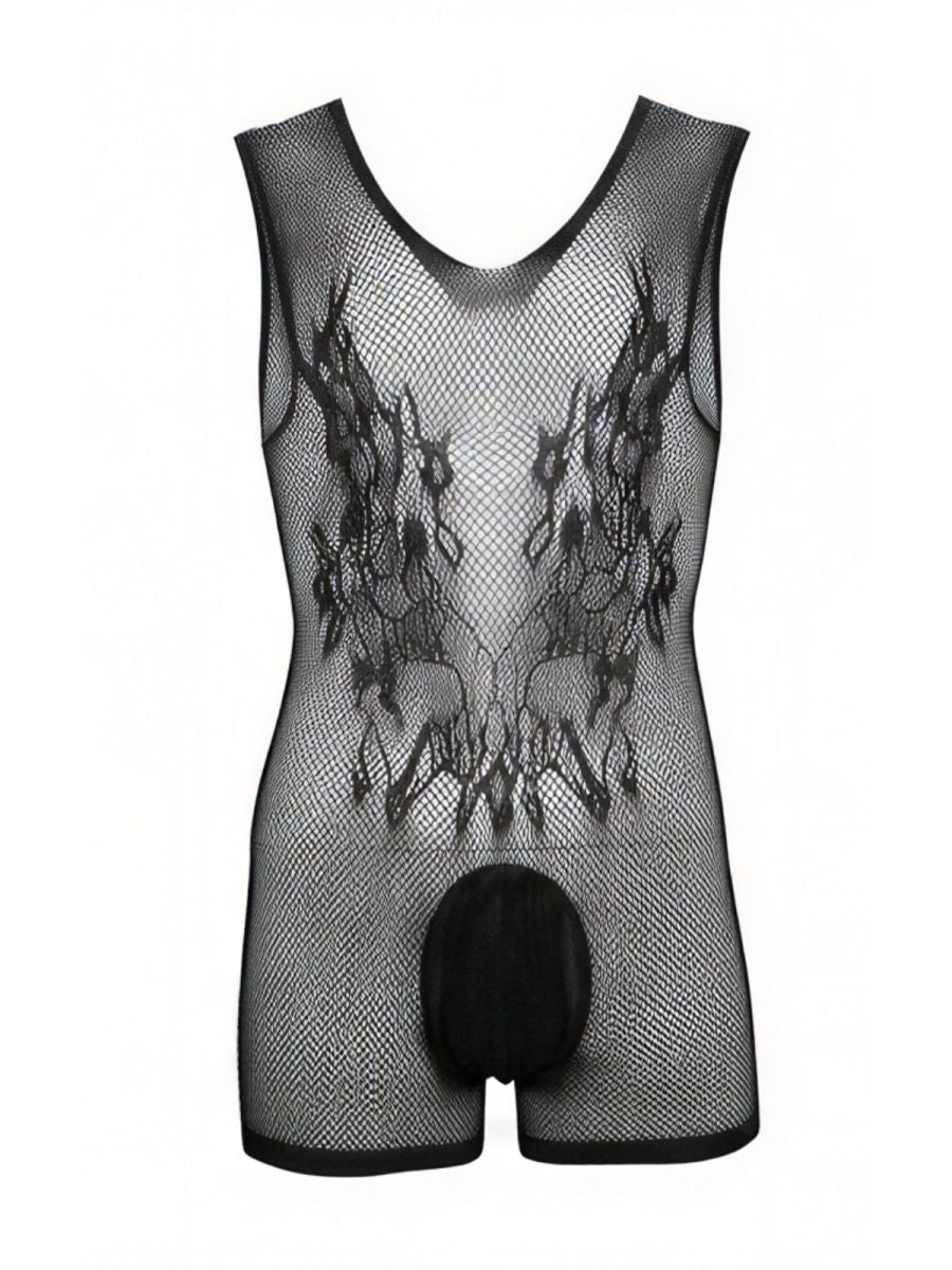 CandyMan 99958 Men's Underwear Sheer Patterned Bodysuit Color Black