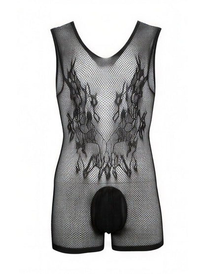 CandyMan 99958 Men's Underwear Sheer Patterned Bodysuit Color Black