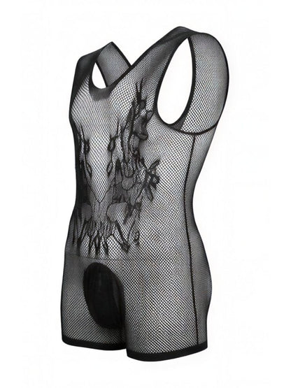 CandyMan 99958 Men's Underwear Sheer Patterned Bodysuit Color Black