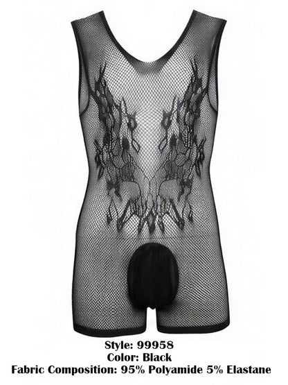 CandyMan 99958 Men's Underwear Sheer Patterned Bodysuit Color Black
