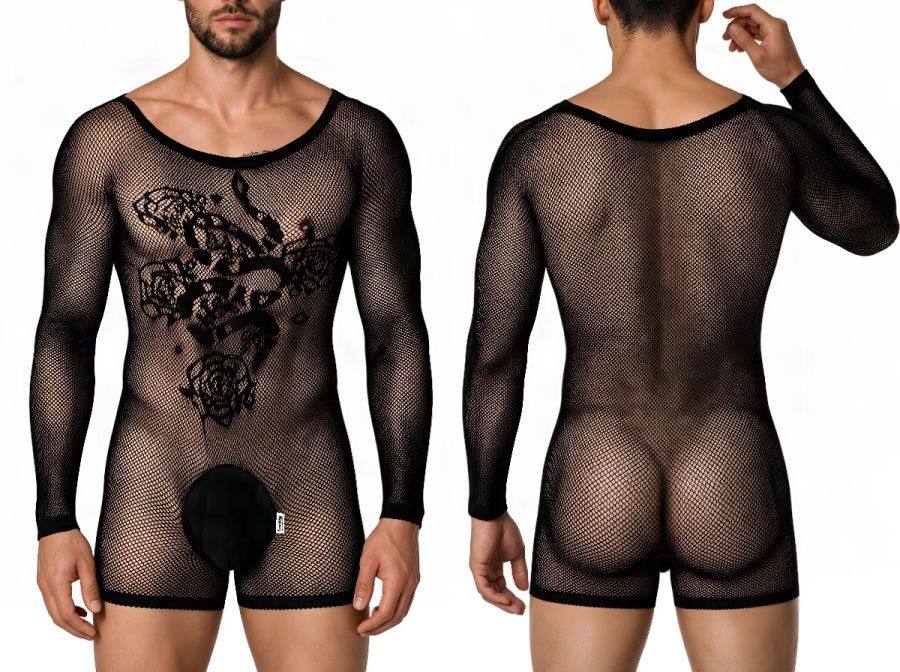 CandyMan 99959 Men's Underwear Bodysuit Alluring Sheer Long Sleeve Color Black