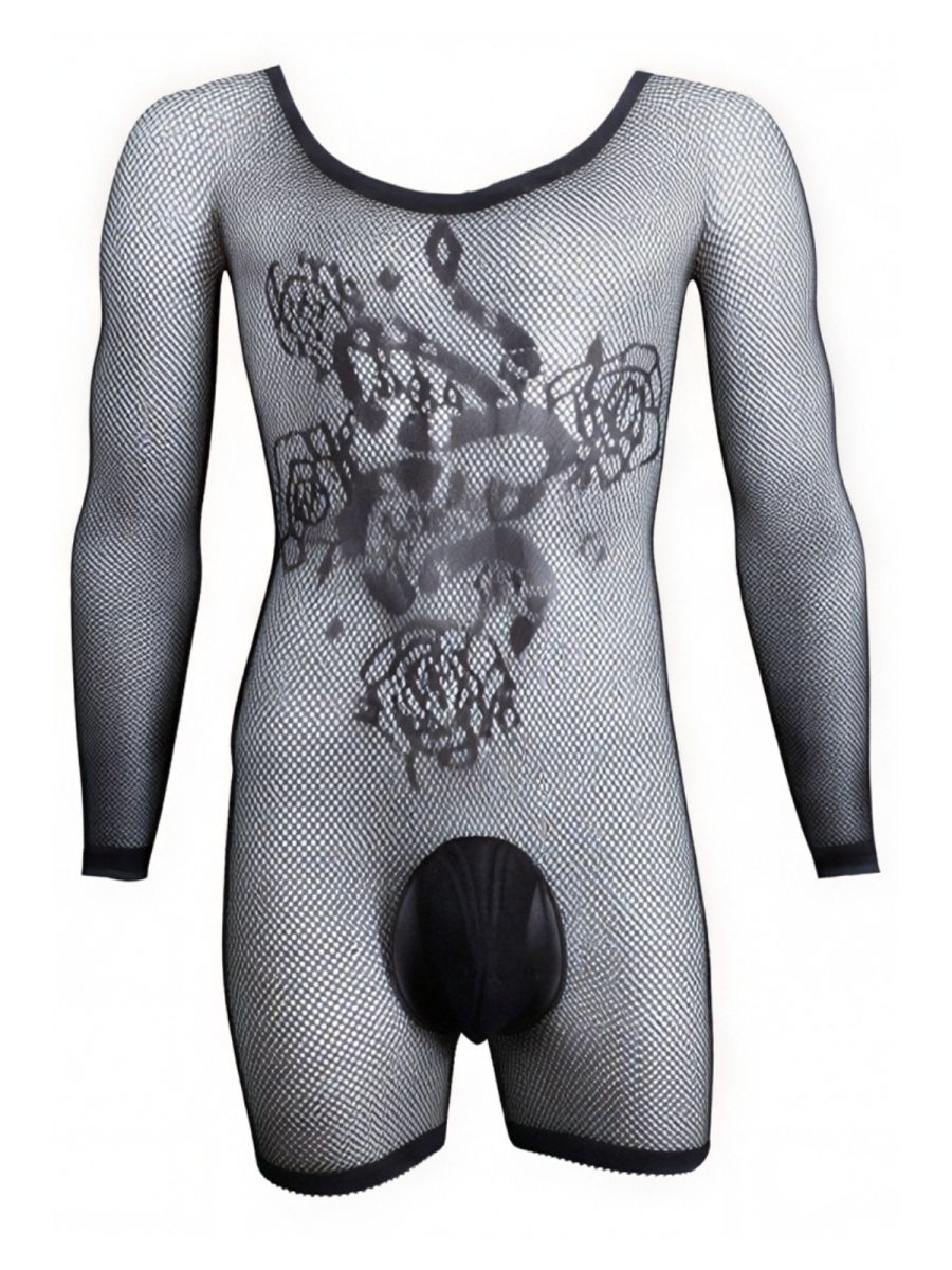 CandyMan 99959 Men's Underwear Bodysuit Alluring Sheer Long Sleeve Color Black