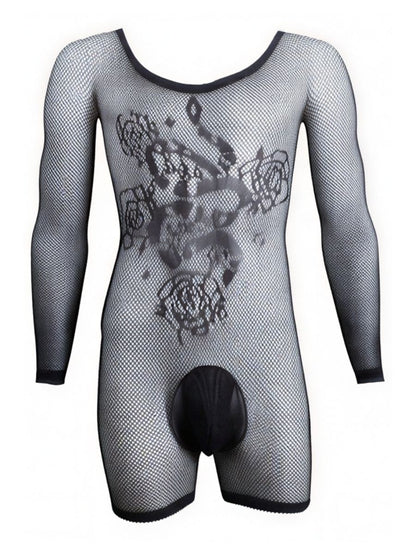 CandyMan 99959 Men's Underwear Bodysuit Alluring Sheer Long Sleeve Color Black