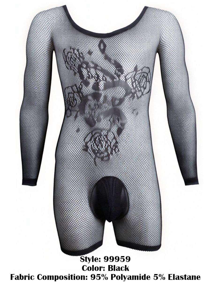 CandyMan 99959 Men's Underwear Bodysuit Alluring Sheer Long Sleeve Color Black