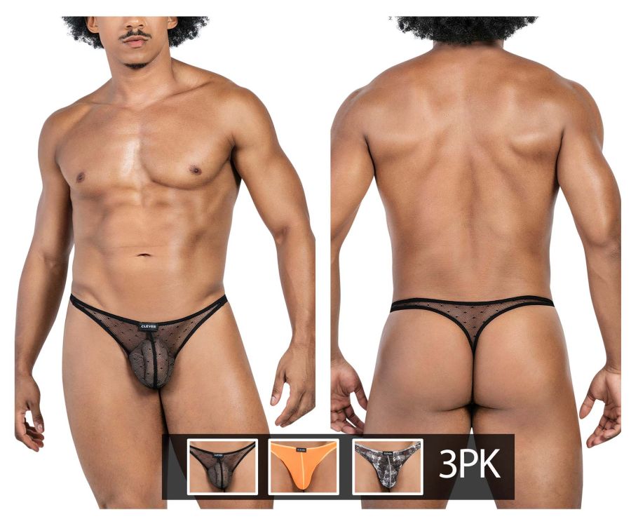 Clever Moda Men's Underwear 100008 3PK Autralian Latin Thongs Color Black-Orange-Black