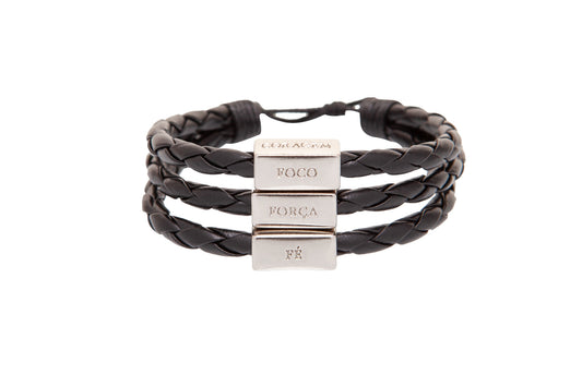 Men's Bracelet Black Leather Silver Adjustable with words of Focus, Strength, Faith, & Courage in Portuguese
