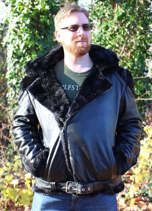 Black Leather and Fur Jacket by Otter and The Fox - front view